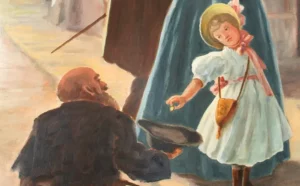 Painting of a girl giving a man money