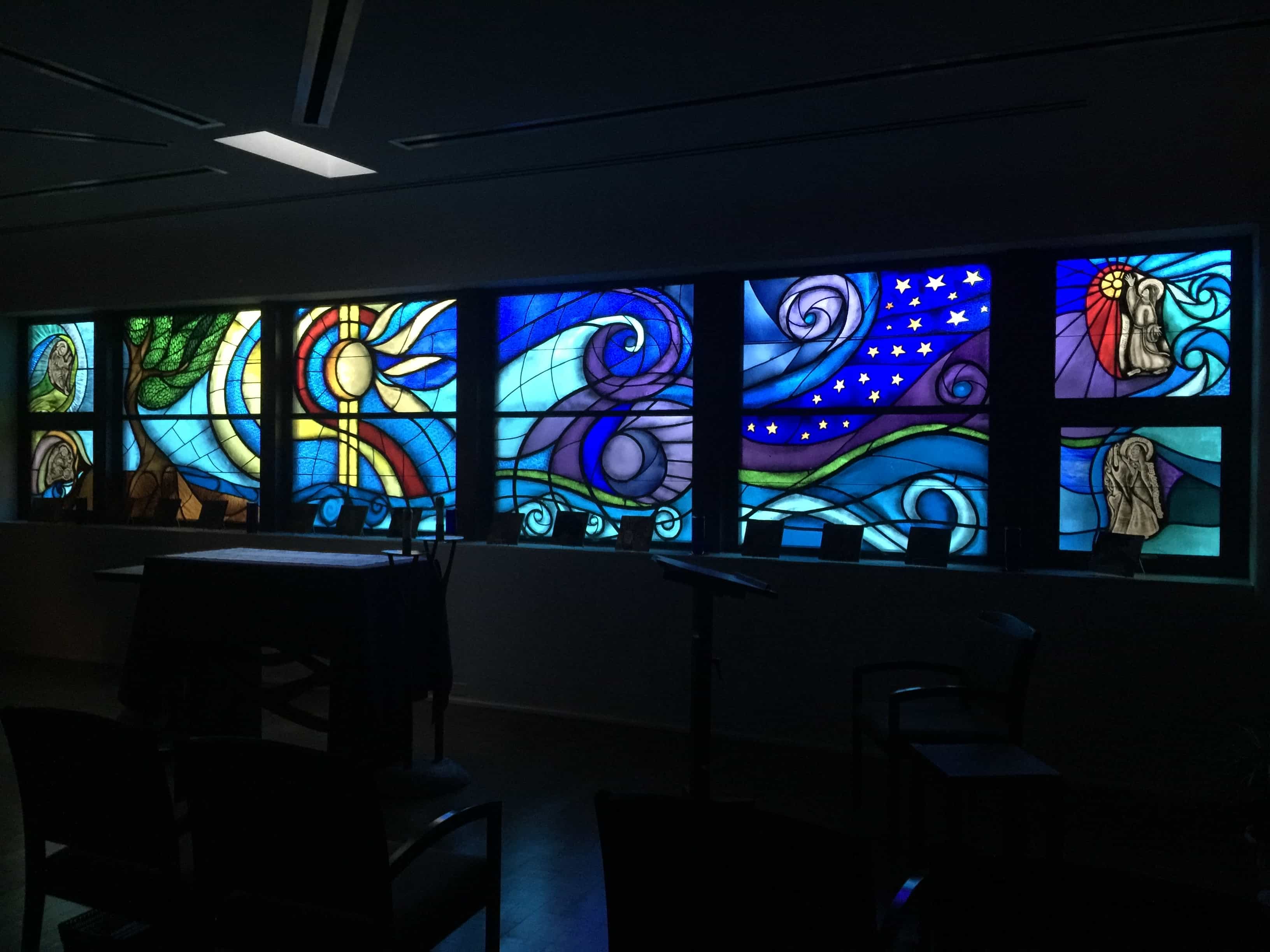 The stained-glass windows Felician Sr. Ann Therese Kelly created for Our Lady of Hope Chapel in Beaver Falls, Pennsylvania, installed in 2012